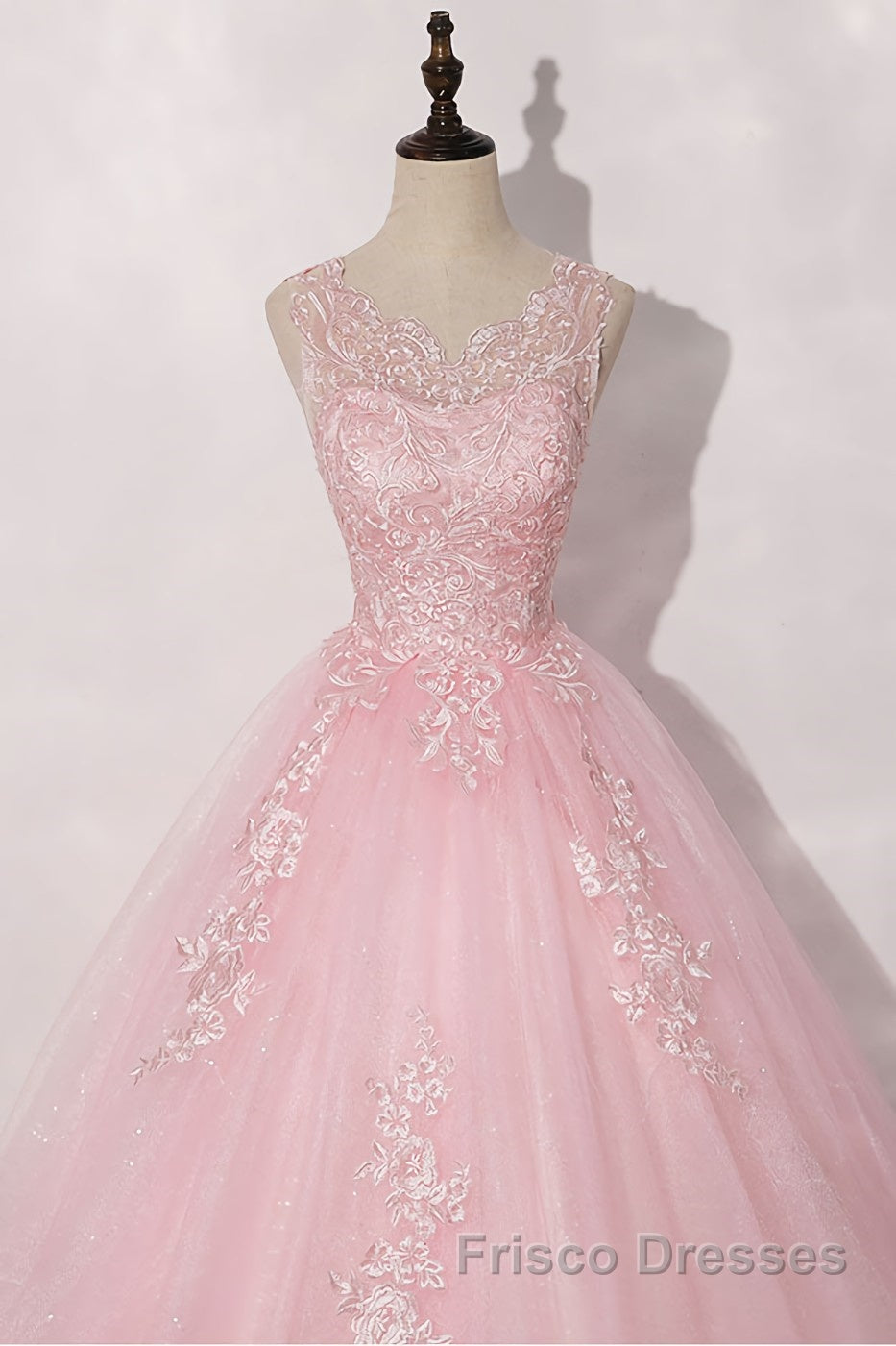 Pink round neck tulle lace long Formal Prom Dresses pink tulle formal Dresses