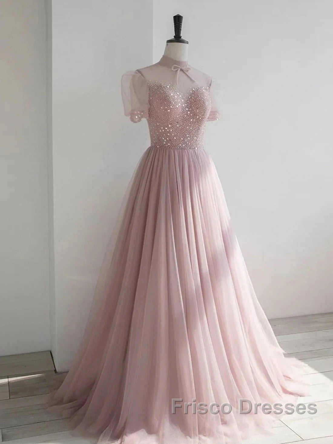 Pink Round Neck Tulle Sequin Long Formal Prom Dress Formal Dress Short Sleeves December Wedding Guest Dress Secondary image