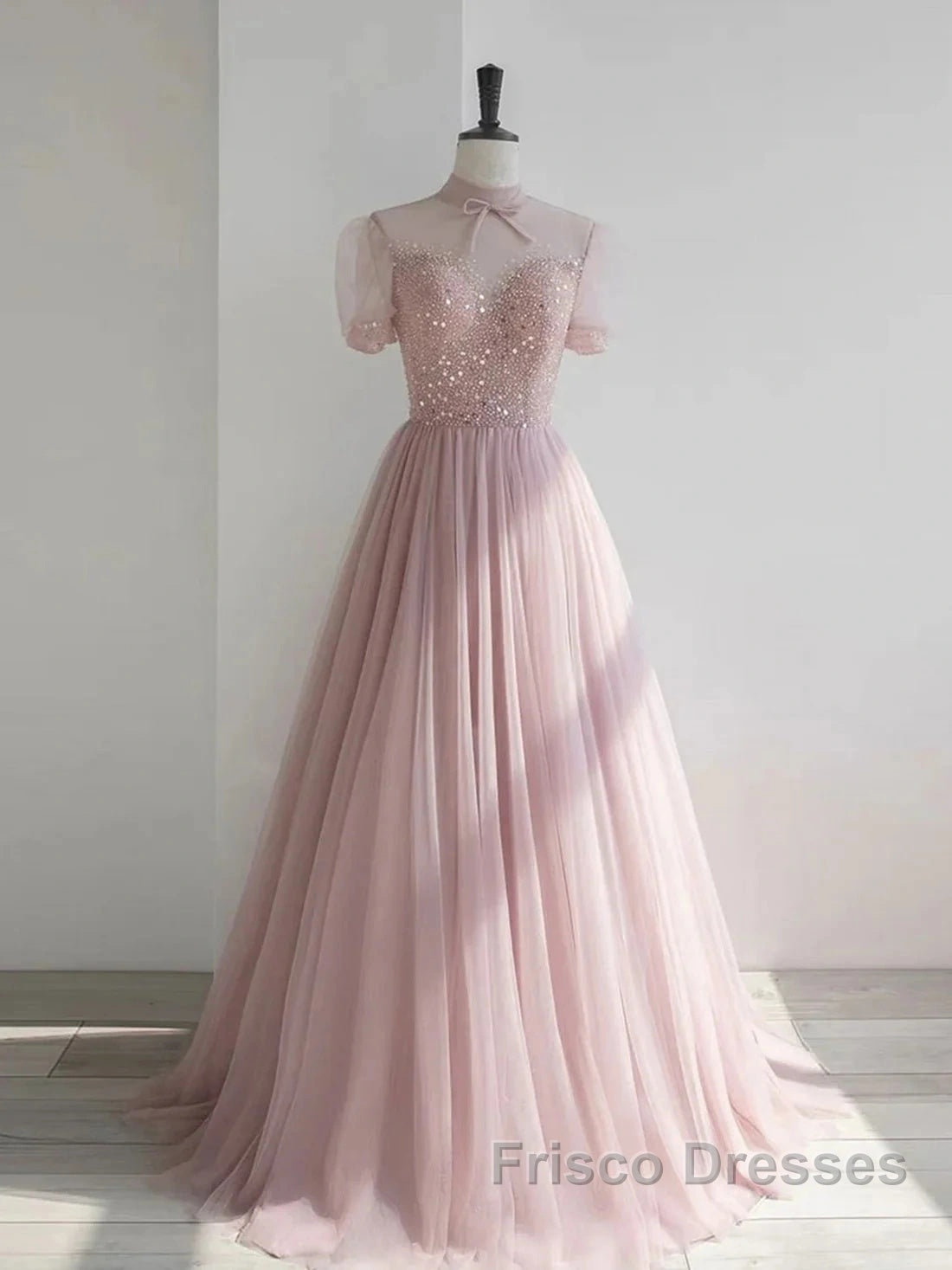 Pink Round Neck Tulle Sequin Long Formal Prom Dress Formal Dress Short Sleeves December Wedding Guest Dress