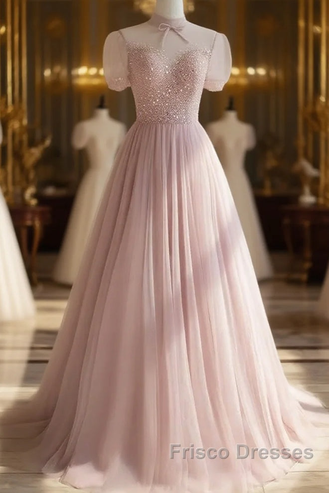 Pink Round Neck Tulle Sequin Long Formal Prom Dress Formal Dress Short Sleeves December Wedding Guest Dress Main image