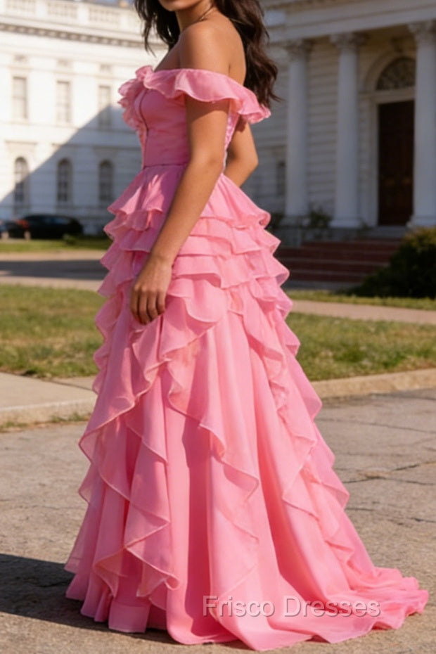 Pink Ruffled A-Line Square Neck Long Prom Dress Secondary image