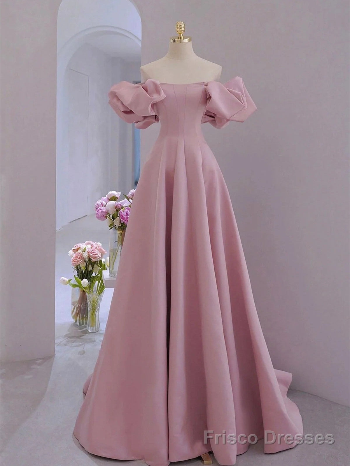Pink Satin A-line Floor Length Party Dress, Pink Satin Short Sleeves Prom Dress Main image