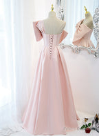 Pink Satin A-Line Party Dress With Bow, One Shoulder Pink Prom Dress