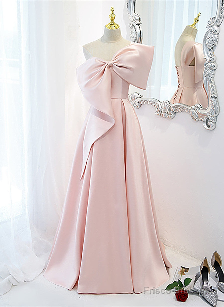 Pink Satin A-Line Party Dress With Bow, One Shoulder Pink Prom Dress Main image