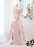 Pink Satin A-Line Party Dress With Bow, One Shoulder Pink Prom Dress