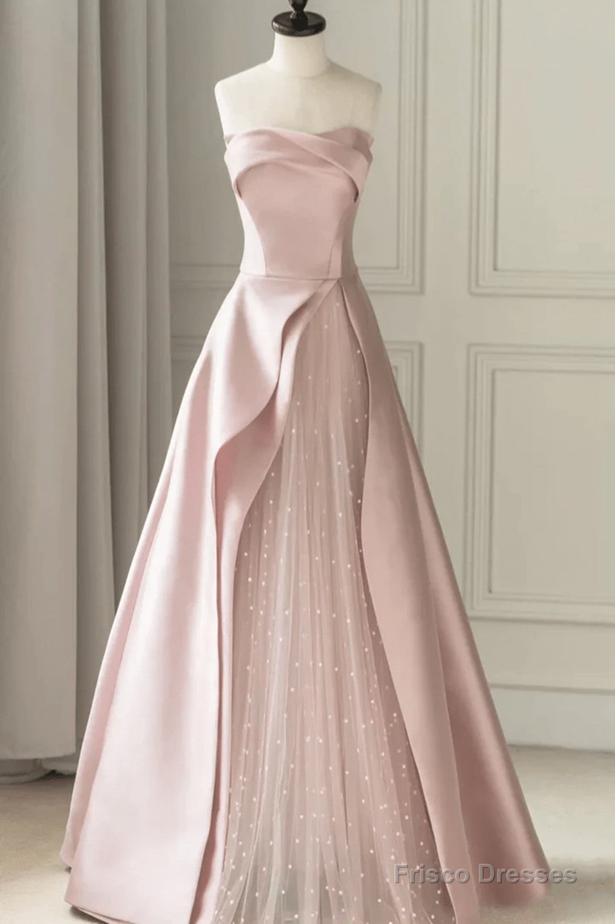 Pink Satin And Tulle Long Party Dress, A-Line Pink Prom Dress Secondary image