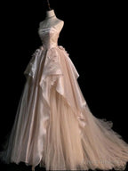 Pink Satin And Tulle Scoop Long Party Dress, Pink A-Line Flowers Prom Dress