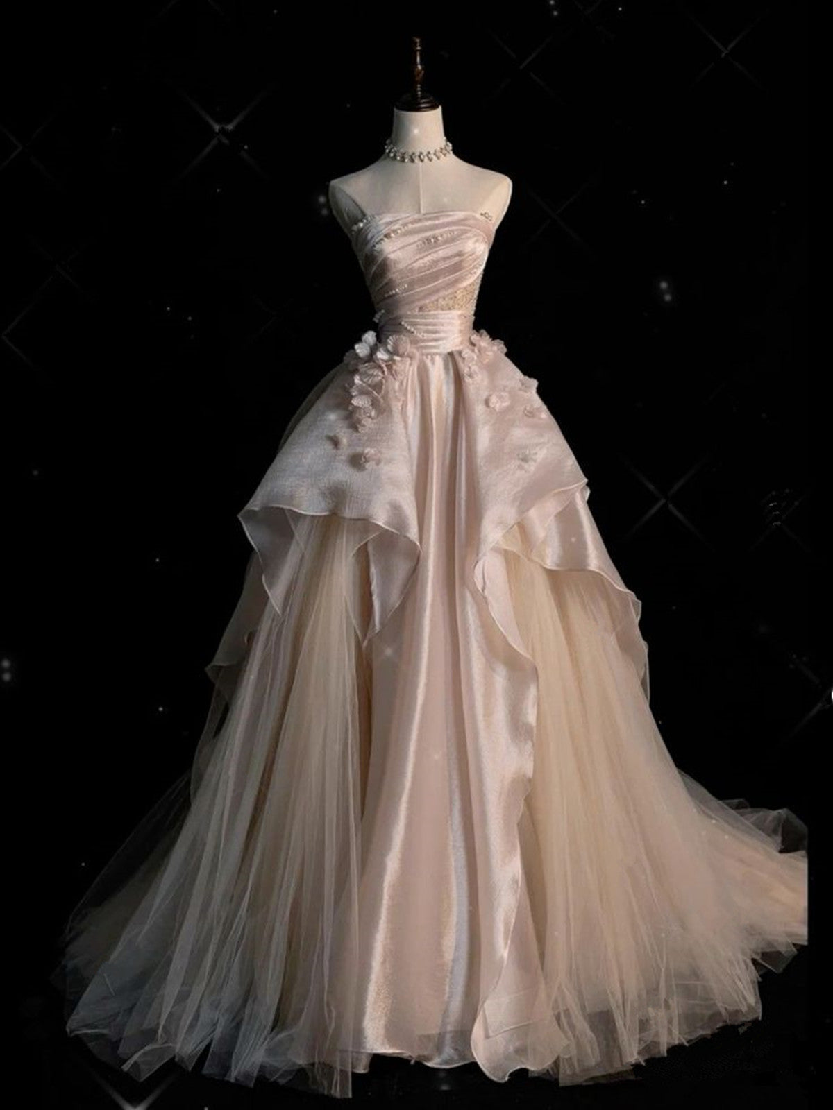 Pink Satin And Tulle Scoop Long Party Dress, Pink A-Line Flowers Prom Dress Main image