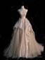 Pink Satin And Tulle Scoop Long Party Dress, Pink A-Line Flowers Prom Dress