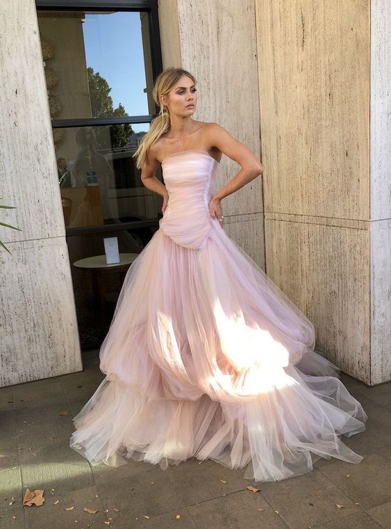 Light Pink Tulle Long Prom Dress, Pink Tulle Formal Dress