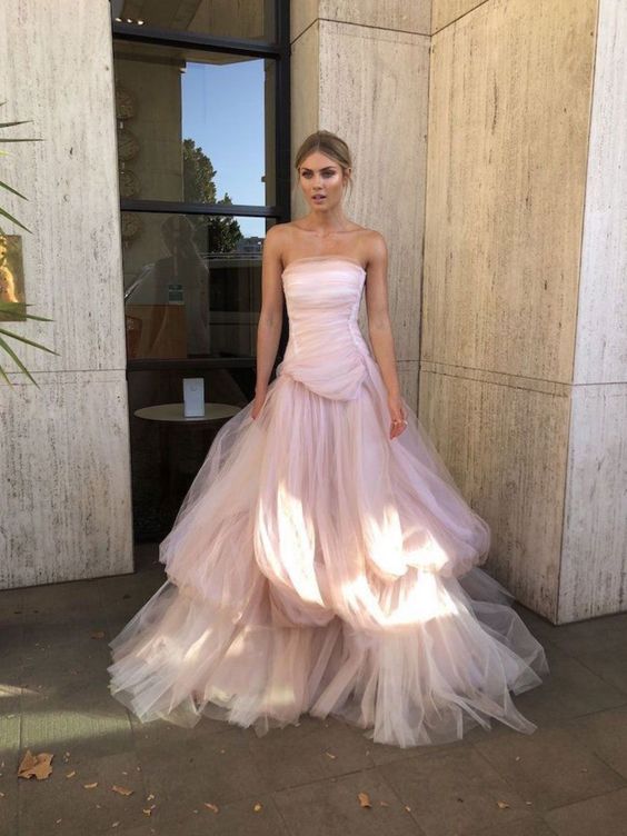 Light Pink Tulle Long Prom Dress, Pink Tulle Formal Dress