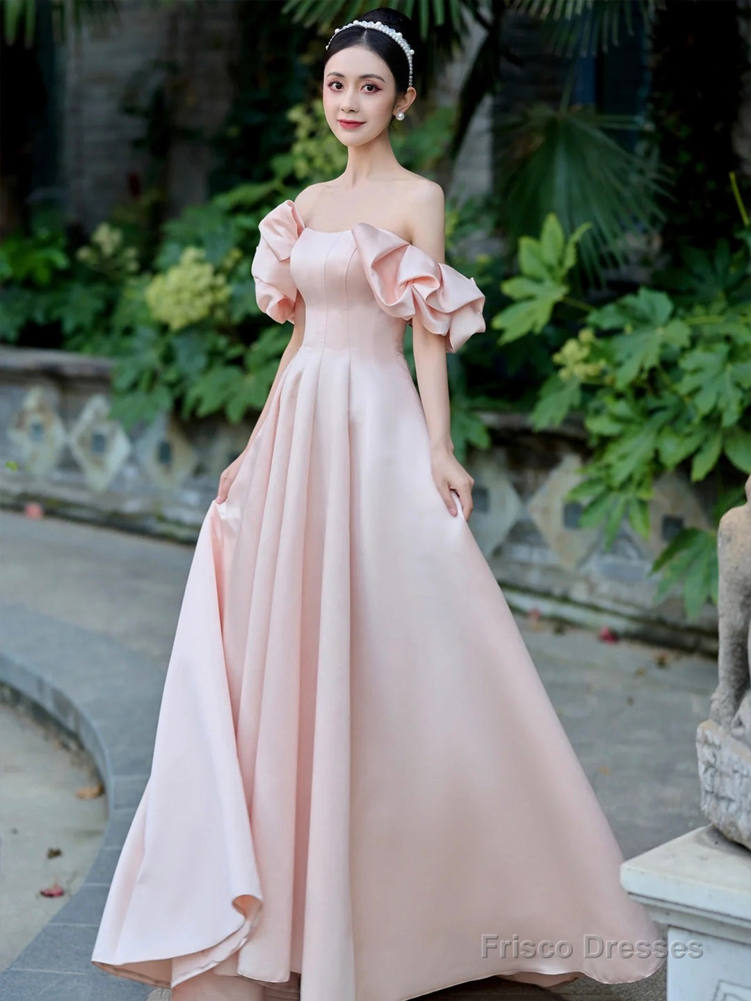 Pink Satin Floor Length Prom Dress, Off The Shoulder Evening Party Dress Main image