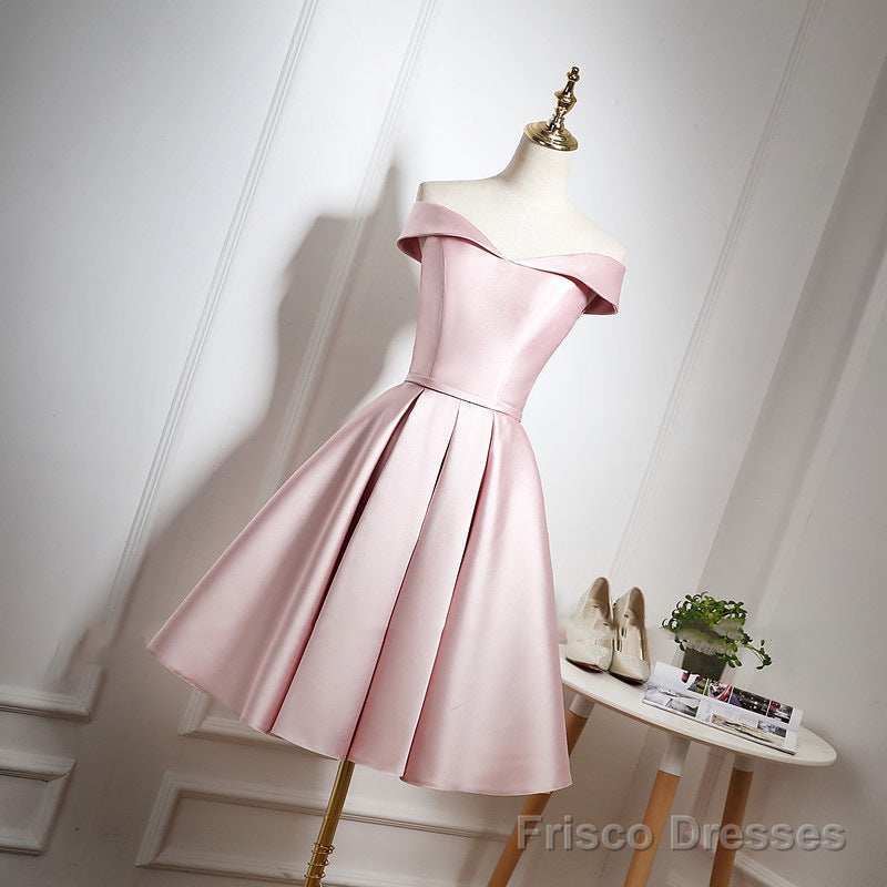 Pink Satin Knee Length Homecoming Dress, Off the Shoulder Homecoming Dress Main image