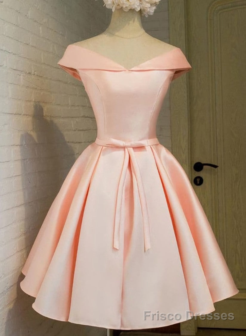Pink Satin Knee Length Party Dress , Homecoming Dress