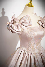 Pink Satin Lace Long Prom Dress, A-Line Scoop Neckline Formal Evening Dress