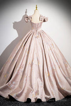 Pink Satin Lace Long Prom Dress, A-Line Scoop Neckline Formal Evening Dress