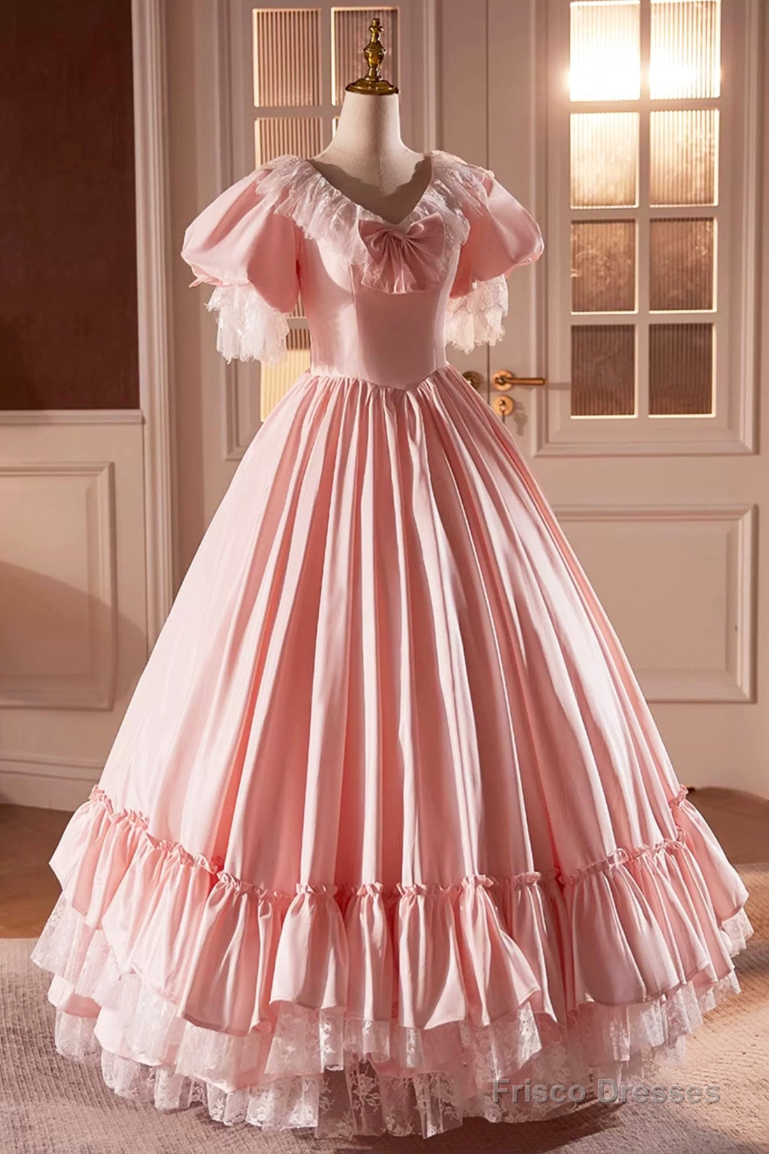 Pink Satin Lace Long Prom Dress, Pink Short Sleeve Evening Party Dress Secondary image