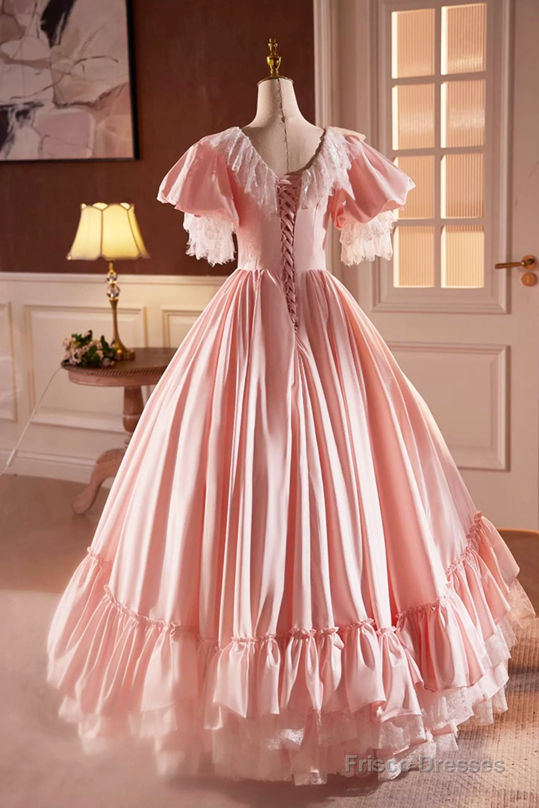 Pink Satin Lace Long Prom Dress, Pink Short Sleeve Evening Party Dress