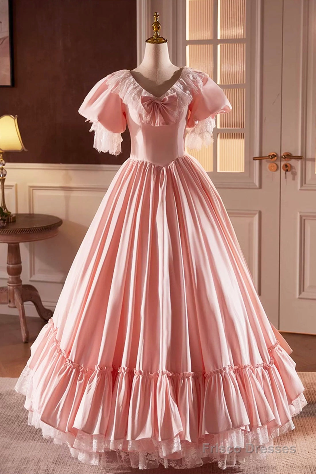 Pink Satin Lace Long Prom Dress, Pink Short Sleeve Evening Party Dress Main image