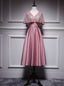 Pink Satin Lace V-neck Bat Pearls Tea Length Prom Dress