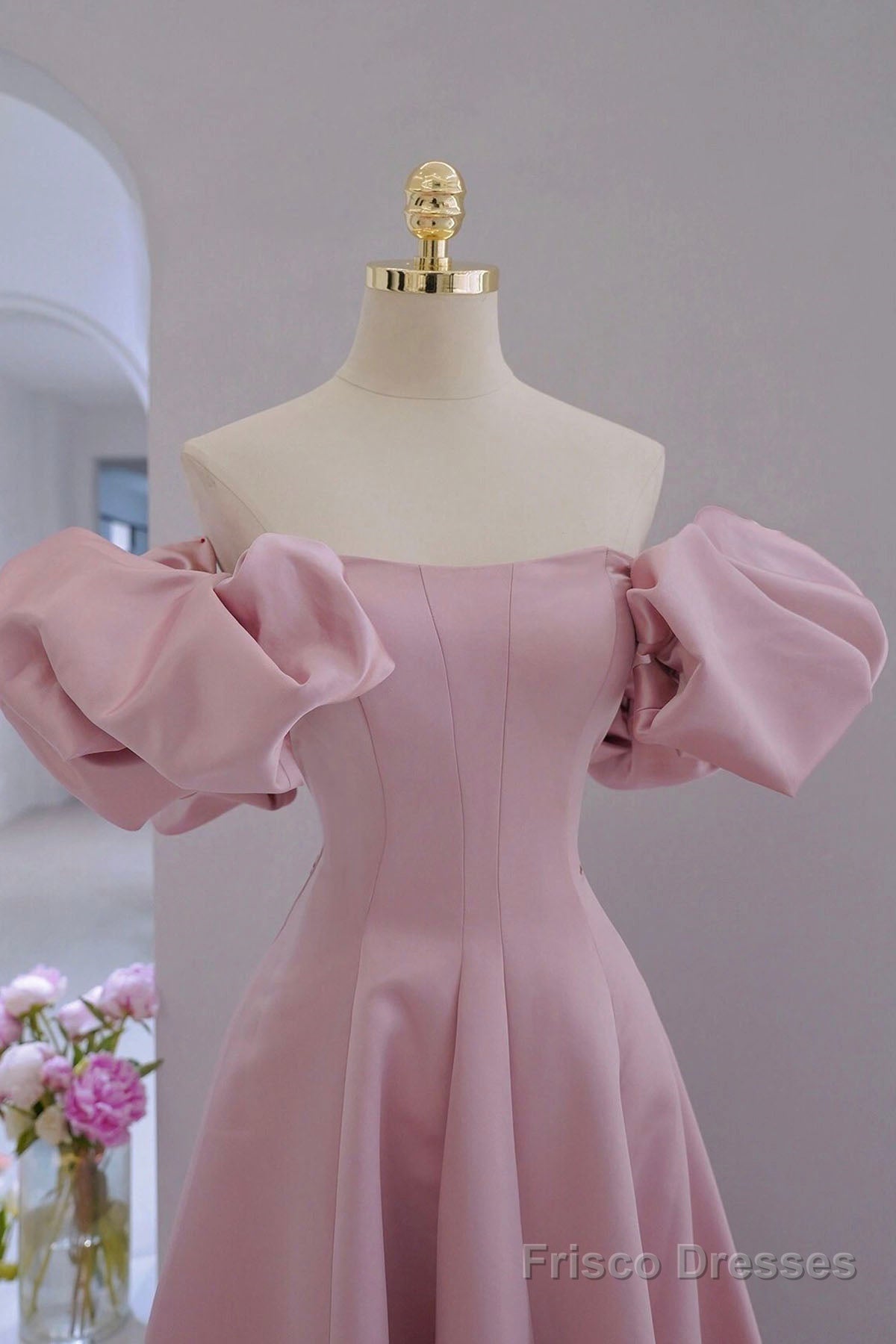Pink Satin Long A-Line Prom Dress, Pink Puff Sleeves Formal Evening Dress Secondary image