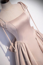Pink Satin Long A-Line Formal Prom Dress, Pink Spaghetti Straps Party Dress With Bow