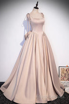 Pink Satin Long A-Line Formal Prom Dress, Pink Spaghetti Straps Party Dress With Bow
