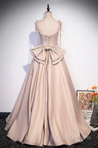 Pink Satin Long A-Line Formal Prom Dress, Pink Spaghetti Straps Party Dress With Bow