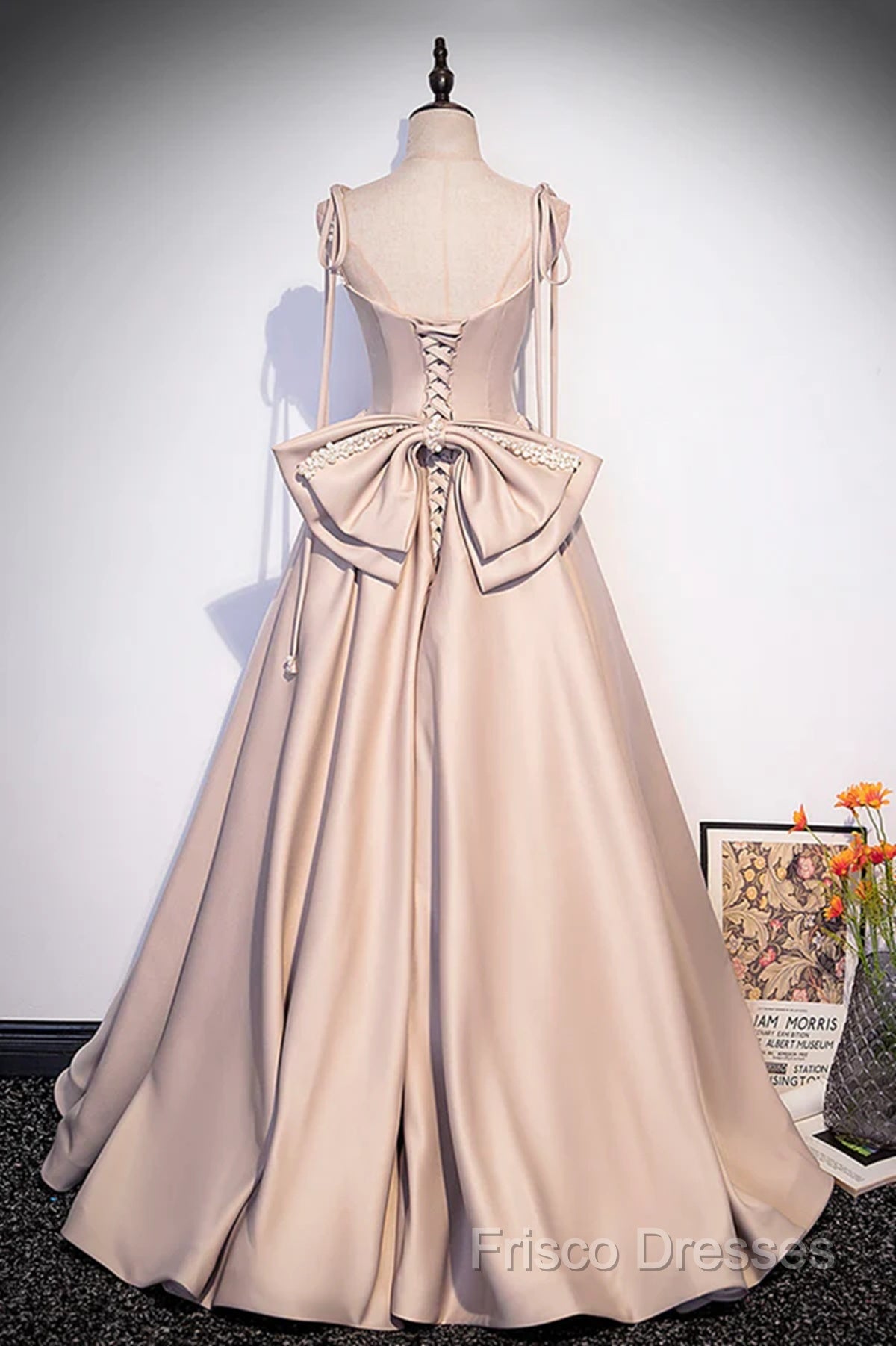 Pink Satin Long A-Line Formal Prom Dress, Pink Spaghetti Straps Party Dress With Bow