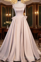 Pink Satin Long A-Line Formal Prom Dress, Pink Spaghetti Straps Party Dress With Bow