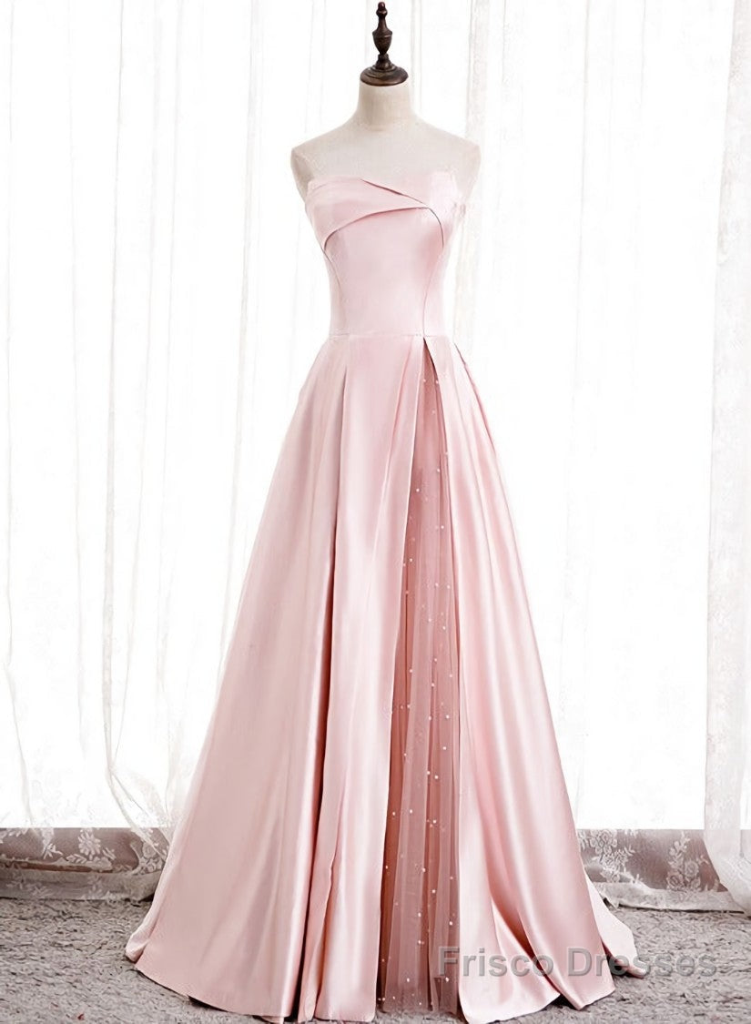 Pink Satin Long Party Dress with Pearls, Floor Length Party Dres Wedding Party Dress Secondary image