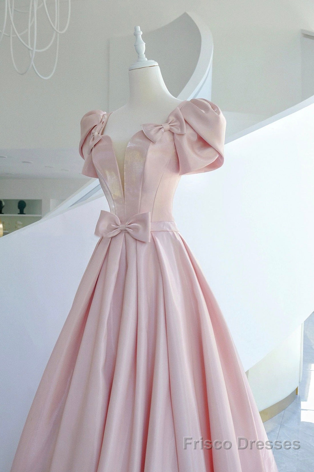 Pink Satin Long Prom Dress, A-Line Evening Dress with Bow