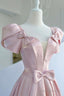 Pink Satin Long Prom Dress, Beautiful A-Line Evening Dress With Bow