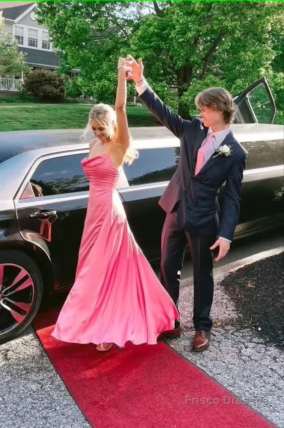 Pink Satin Long Prom Dress Spaghetti Straps A Line Party Dress Secondary image