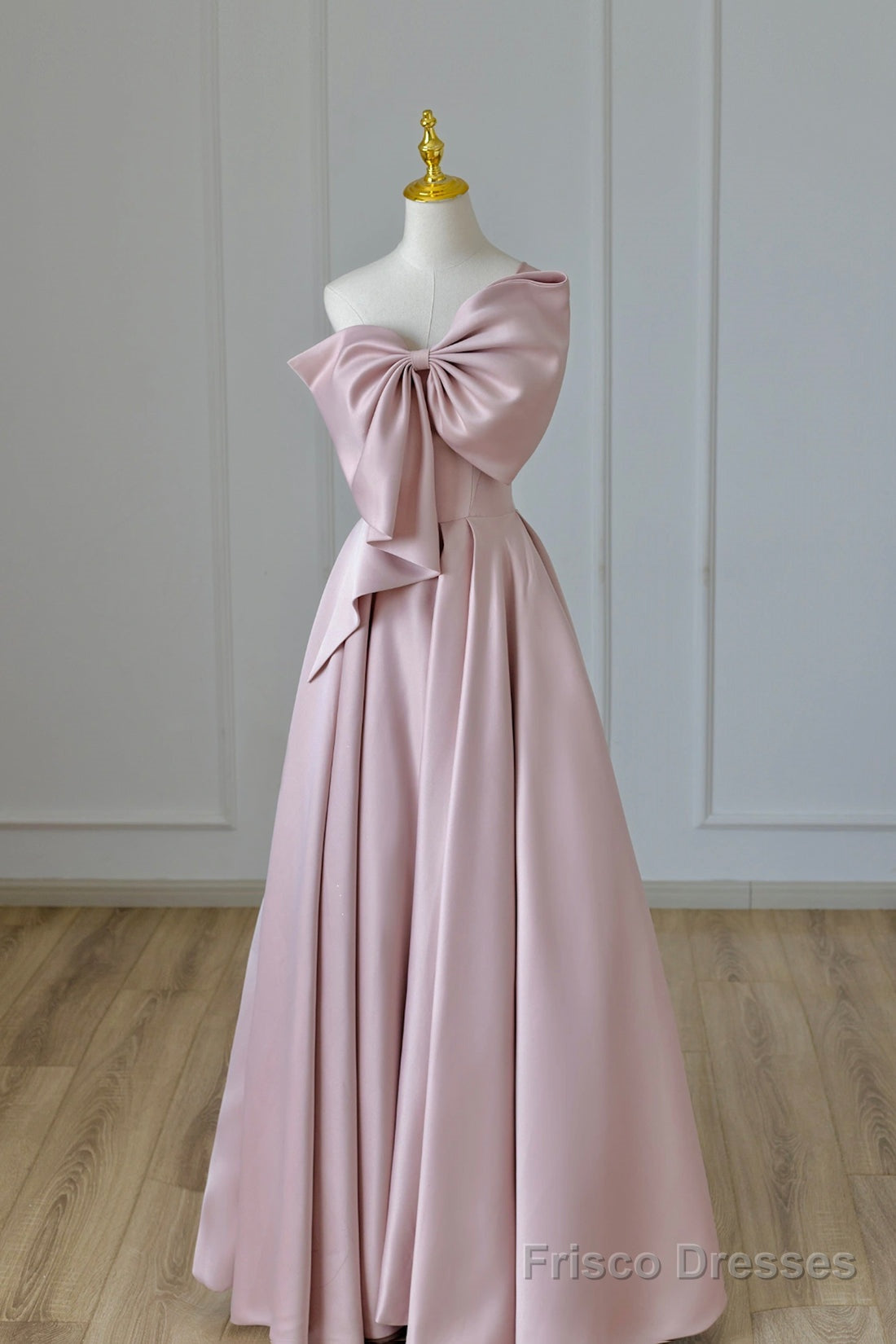 Pink Satin Long Prom Dress with Bow, One Shoulder Formal Evening Dress Main image