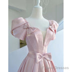 Pink Satin Long Short Sleeves Prom Dress Party Dress, Pink Formal Dress Wedding Party Dress