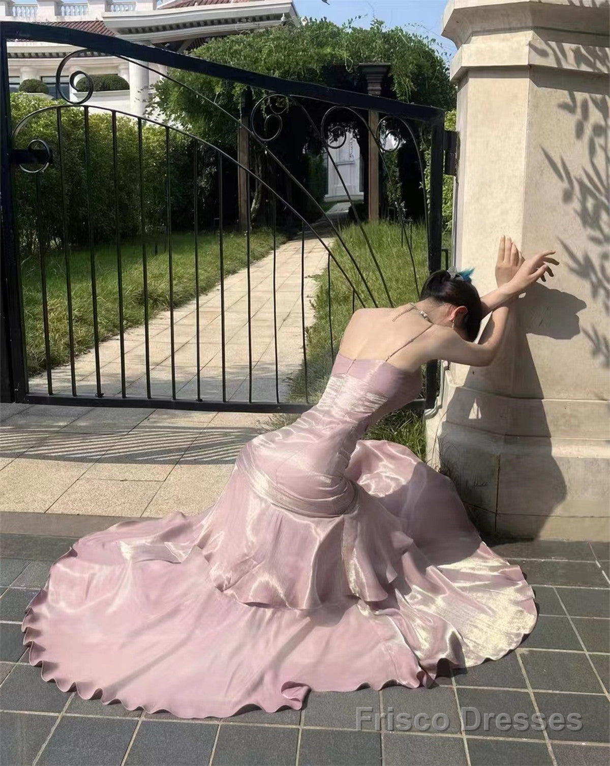 Pink Satin Mermaid Straps Long Formal Dress, Pink Floor Length Prom Dress Secondary image