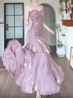 Pink Satin Mermaid Straps Long Formal Dress, Pink Floor Length Prom Dress