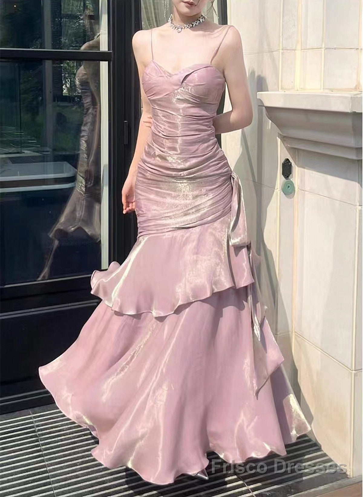 Pink Satin Mermaid Straps Long Formal Dress, Pink Floor Length Prom Dress Main image