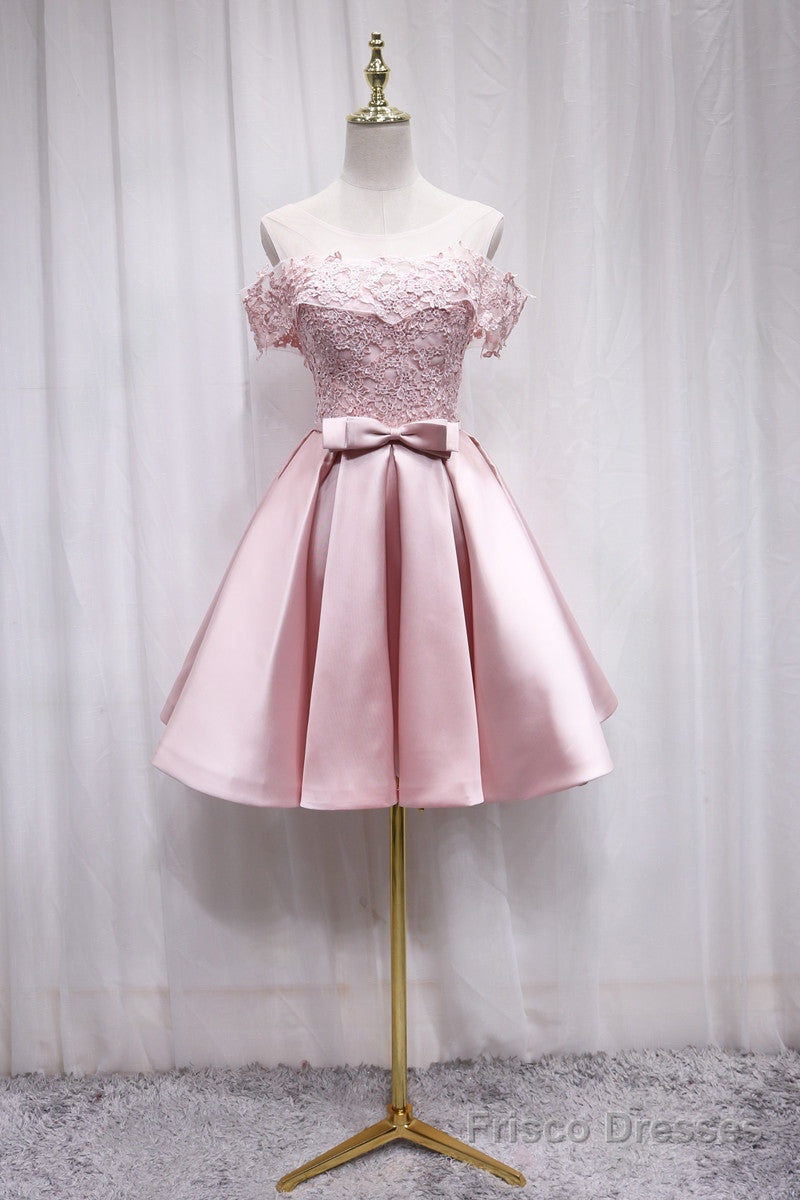Pink Satin Off Shoulder Lace Top Homecoming Dress, Pink Gradaution Dresses Main image