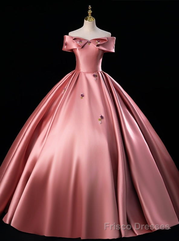 Pink Satin Off the Shoulder Beading Flower Quinceanera Dress
