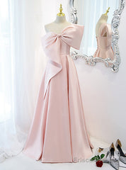 Pink Satin One Shoulder Prom Dress With Bow