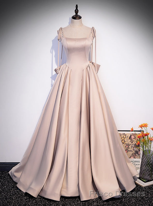 Pink Satin Spaghetti Straps Pearls Bow Prom Dress Main image