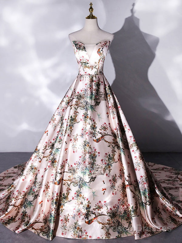 Pink Satin Strapless Embroidery Print Quinceanera Dress Main image