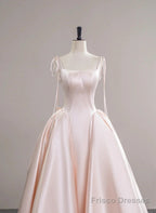 Pink Satin Straps Long Formal Dress with Bow, Pink Satin Prom Dress Party Dress
