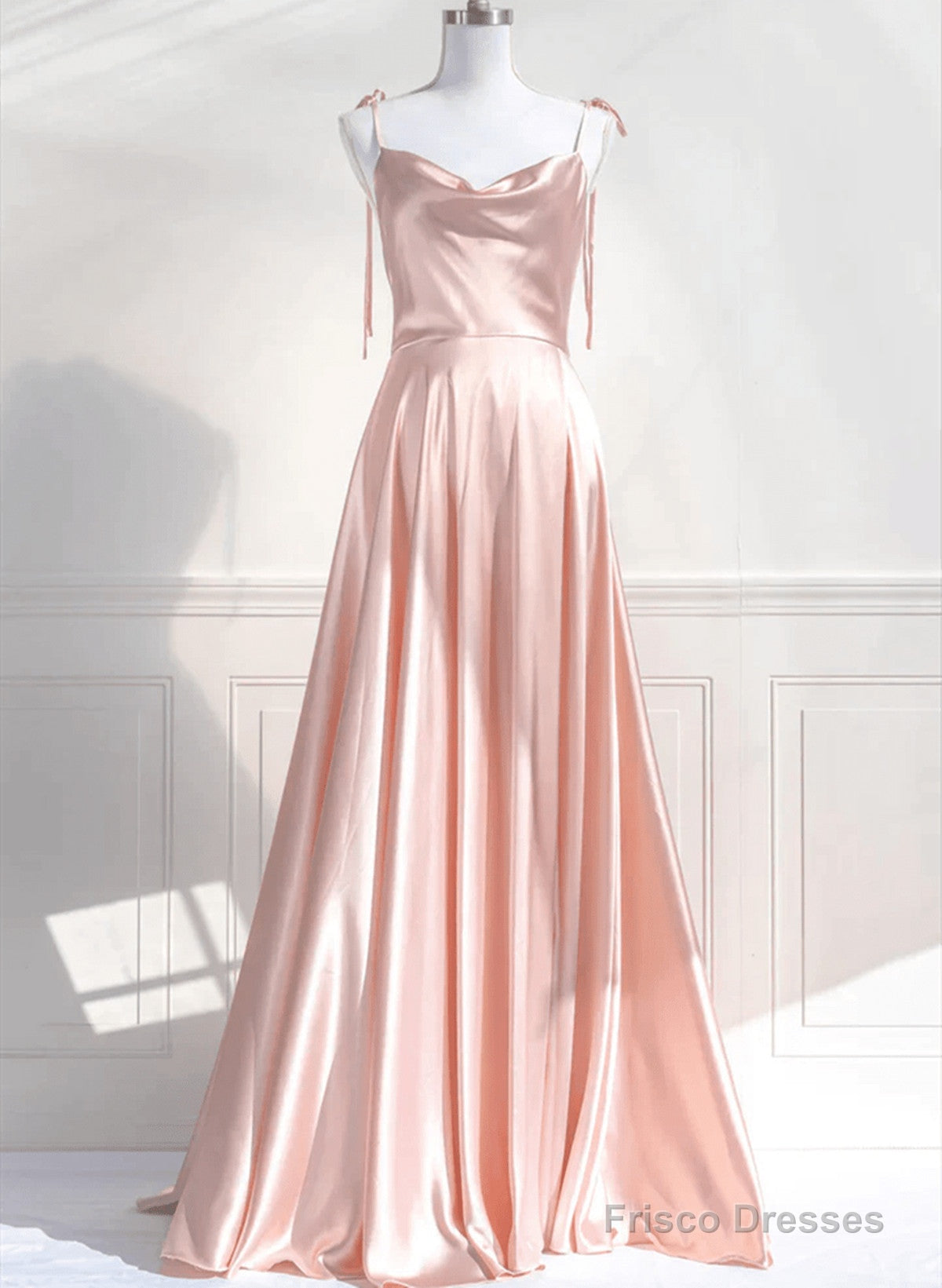 Pink Satin Straps Low Back Long Evening Dress, Pink Satin Prom Dress Main image