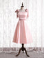 Pink Satin Straps Tea Length Prom Dress