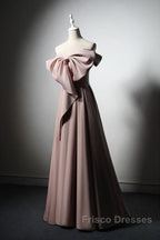Pink Satin With Bow A-Line Long Formal Prom Dress, Pink Satin Formal Dress Party Dress