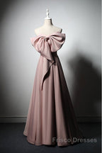 Pink Satin With Bow A-Line Long Formal Prom Dress, Pink Satin Formal Dress Party Dress