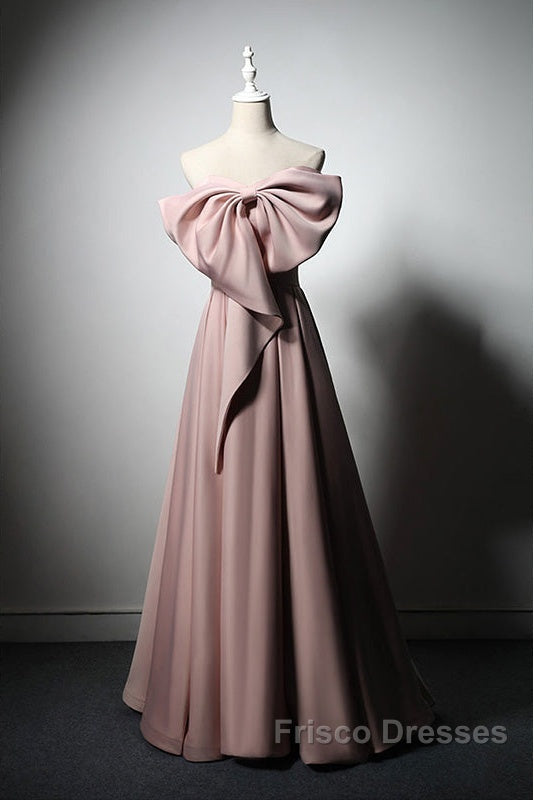 Pink Satin With Bow A-Line Long Formal Prom Dress, Pink Satin Formal Dress Party Dress
